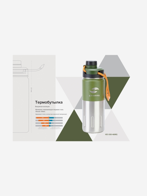 Термобутылка Stinger, 0,5 л, сталь/пластик, "зеленый мох", 7,5 х 23,1 см, Зеленый