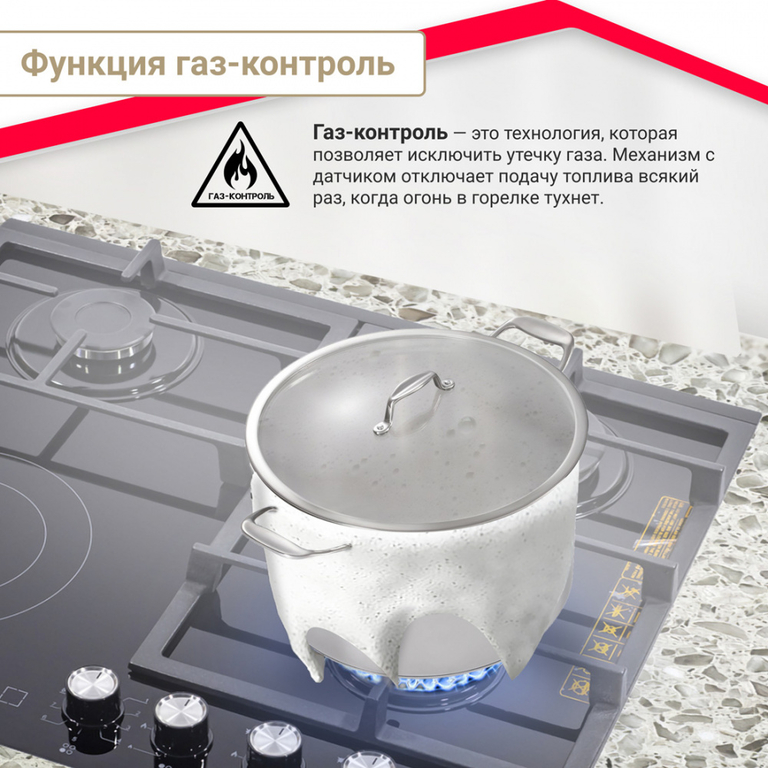 Комбинированная варочная панель Simfer H60H32S516, 3 газовые конфорки, 1 электро с 2-й зоной расширения, газ-контроль, автоподжиг