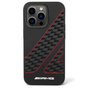 Чехол силиконовый AMG с узором в виде клетчатого флага  для iPhone 14 Pro Max черный красные полоски